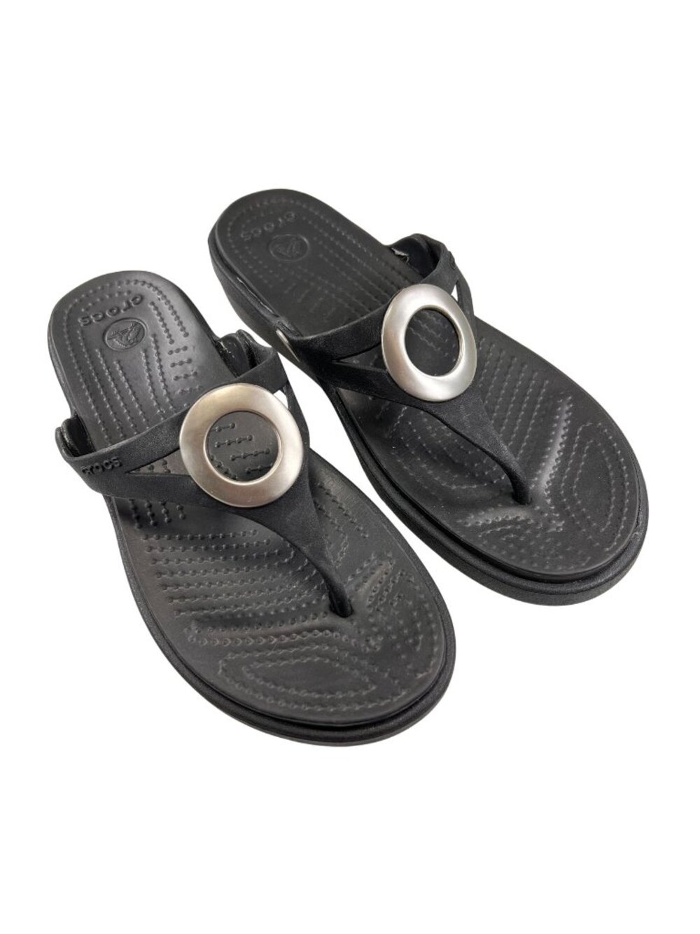 Crocs Sanrah Wedge Sandals Black Flip Flop Thong W7 Silver Circle Womens 14153
